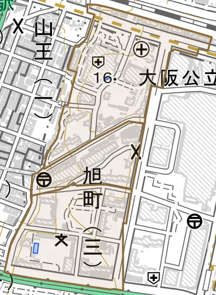 旭町とその周辺の地図。町の範囲を重ねている