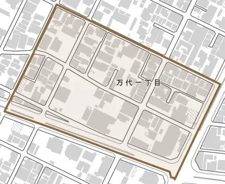万代とその周辺の地図。町の範囲を重ねている