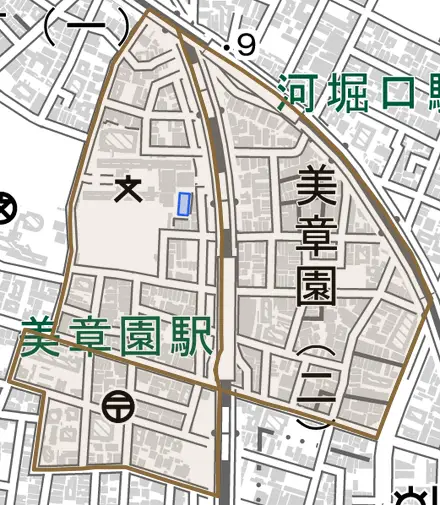 美章園とその周辺の地図。町の範囲を重ねている
