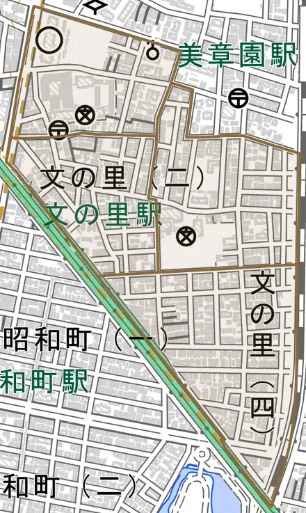 文の里とその周辺の地図。町の範囲を重ねている