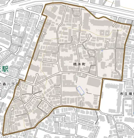 橋本町とその周辺の地図。町の範囲を重ねている