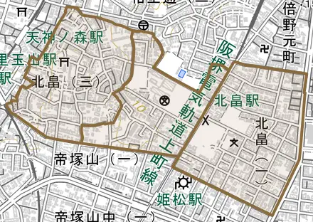 北畠とその周辺の地図。町の範囲を重ねている