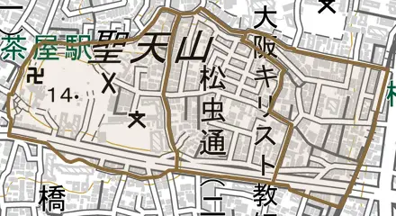 松虫通とその周辺の地図。町の範囲を重ねている