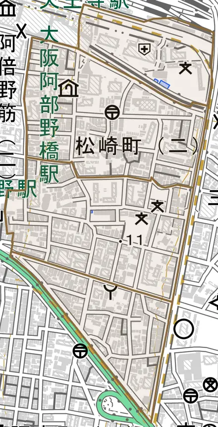 松崎町とその周辺の地図。町の範囲を重ねている
