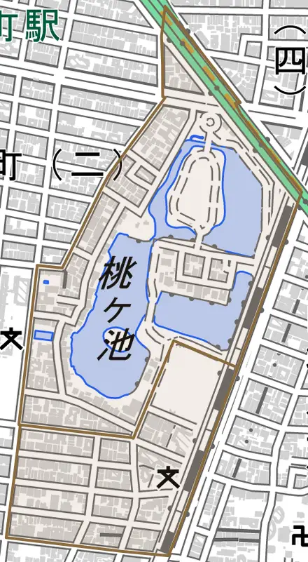 桃ヶ池町とその周辺の地図。町の範囲を重ねている