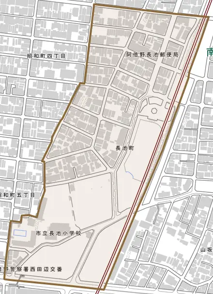 長池町とその周辺の地図。町の範囲を重ねている