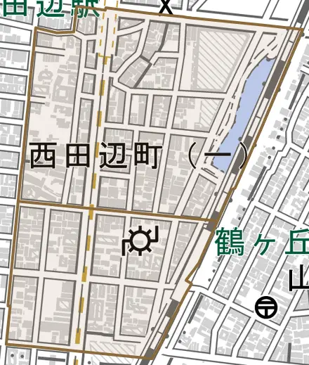 西田辺町とその周辺の地図。町の範囲を重ねている