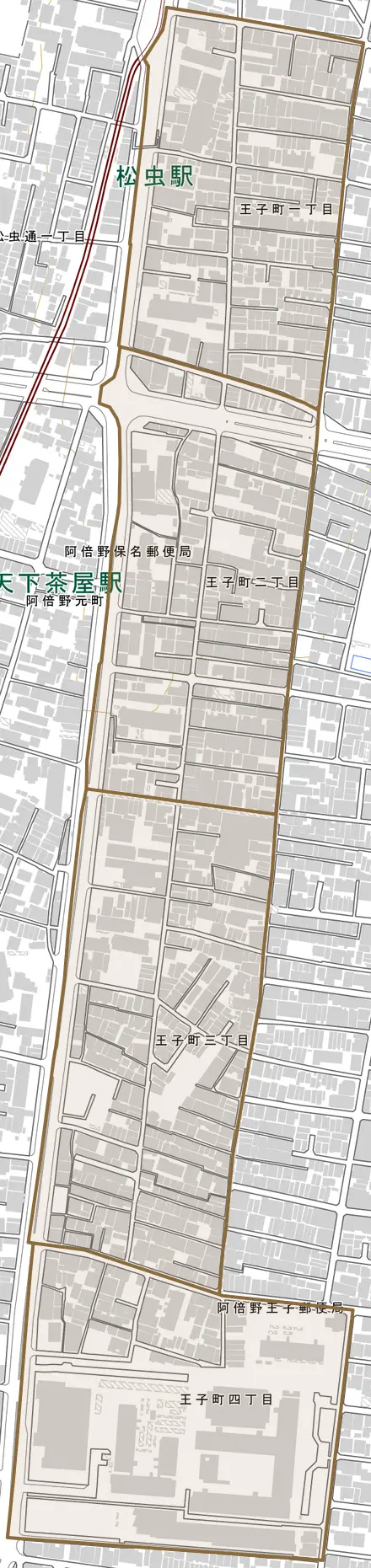 王子町とその周辺の地図。町の範囲を重ねている