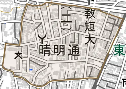 晴明通とその周辺の地図。町の範囲を重ねている