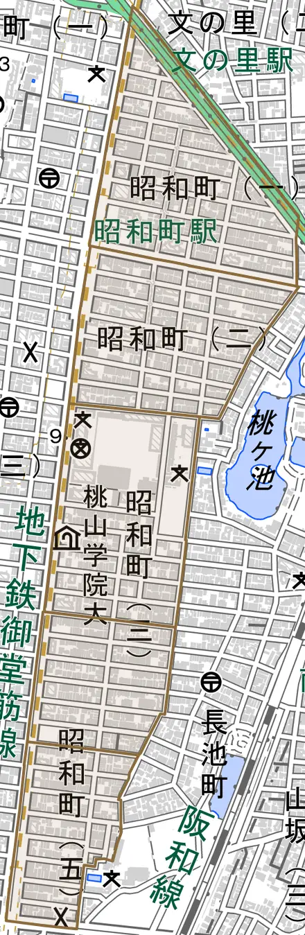 昭和町とその周辺の地図。町の範囲を重ねている