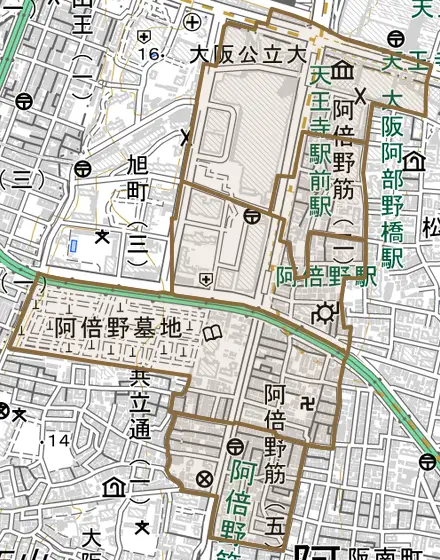 阿倍野筋とその周辺の地図。町の範囲を重ねている