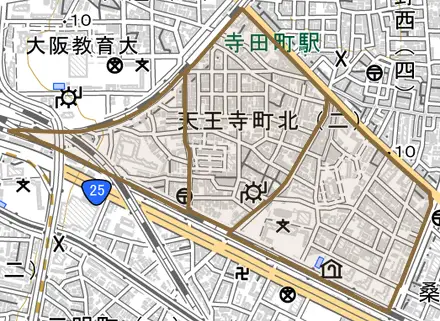 天王寺町北とその周辺の地図。町の範囲を重ねている