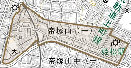 帝塚山とその周辺の地図。町の範囲を重ねている