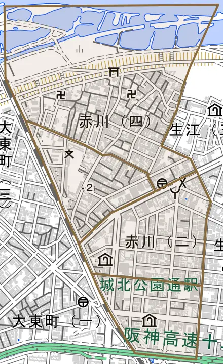 赤川とその周辺の地図。町の範囲を重ねている