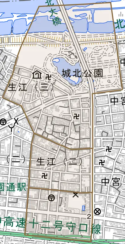 生江とその周辺の地図。町の範囲を重ねている