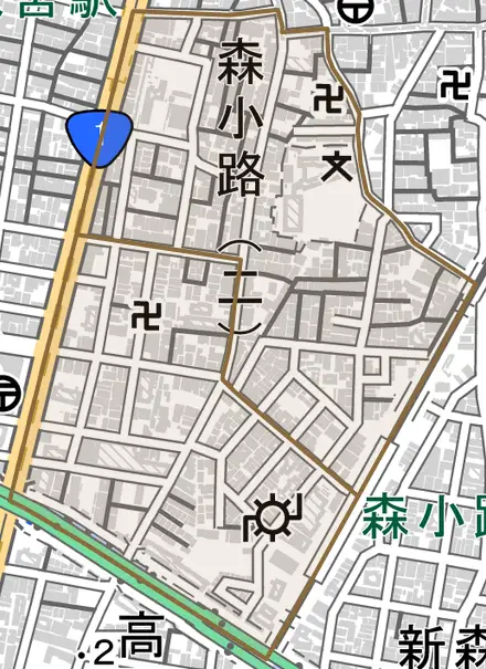 森小路とその周辺の地図。町の範囲を重ねている