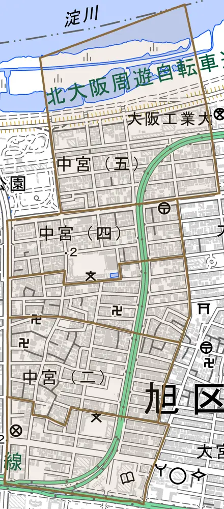 中宮とその周辺の地図。町の範囲を重ねている