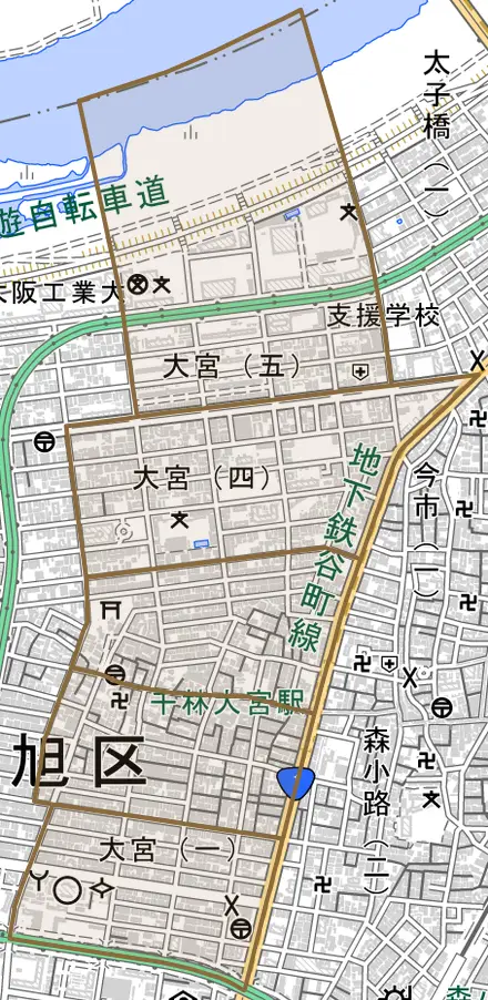 大宮とその周辺の地図。町の範囲を重ねている