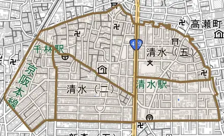 清水とその周辺の地図。町の範囲を重ねている