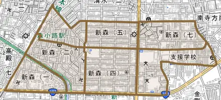 新森とその周辺の地図。町の範囲を重ねている