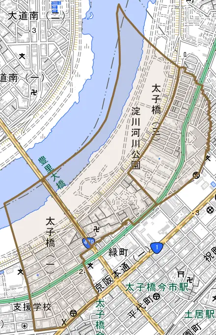 太子橋とその周辺の地図。町の範囲を重ねている
