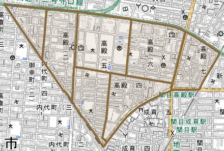 高殿とその周辺の地図。町の範囲を重ねている