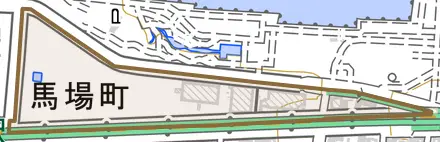 馬場町とその周辺の地図。町の範囲を重ねている