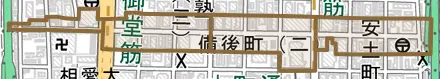 備後町とその周辺の地図。町の範囲を重ねている