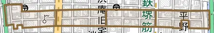 道修町とその周辺の地図。町の範囲を重ねている