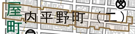 船越町とその周辺の地図。町の範囲を重ねている