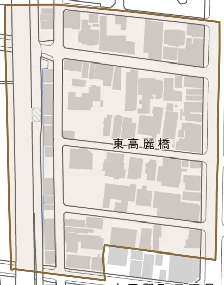 東高麗橋とその周辺の地図。町の範囲を重ねている