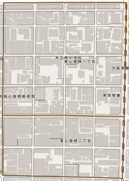 東心斎橋とその周辺の地図。町の範囲を重ねている