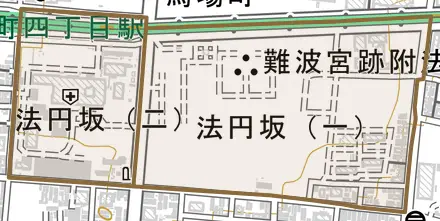 法円坂とその周辺の地図。町の範囲を重ねている