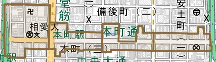本町とその周辺の地図。町の範囲を重ねている