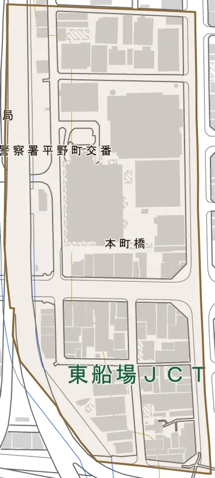 本町橋とその周辺の地図。町の範囲を重ねている