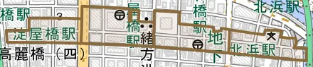 今橋とその周辺の地図。町の範囲を重ねている