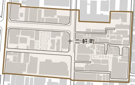 十二軒町とその周辺の地図。町の範囲を重ねている