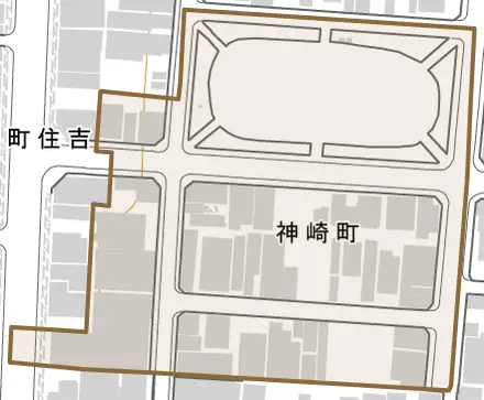 神崎町とその周辺の地図。町の範囲を重ねている