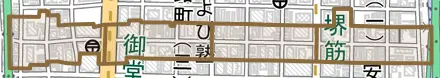 瓦町とその周辺の地図。町の範囲を重ねている