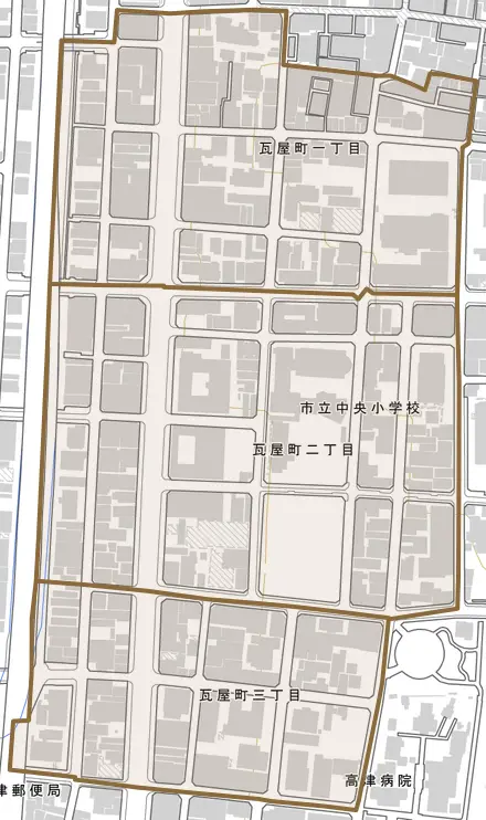 瓦屋町とその周辺の地図。町の範囲を重ねている