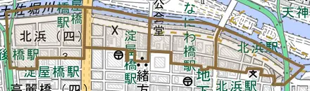 北浜とその周辺の地図。町の範囲を重ねている