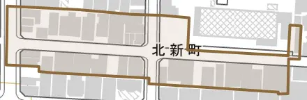 北新町とその周辺の地図。町の範囲を重ねている