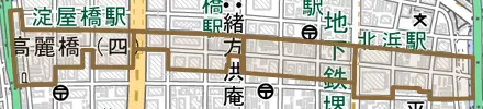 高麗橋とその周辺の地図。町の範囲を重ねている