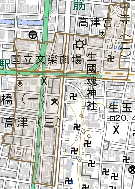 高津とその周辺の地図。町の範囲を重ねている