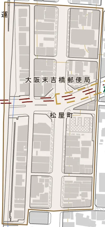 松屋町とその周辺の地図。町の範囲を重ねている
