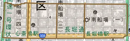 南船場とその周辺の地図。町の範囲を重ねている