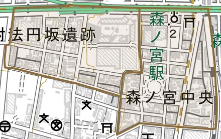 森ノ宮中央とその周辺の地図。町の範囲を重ねている