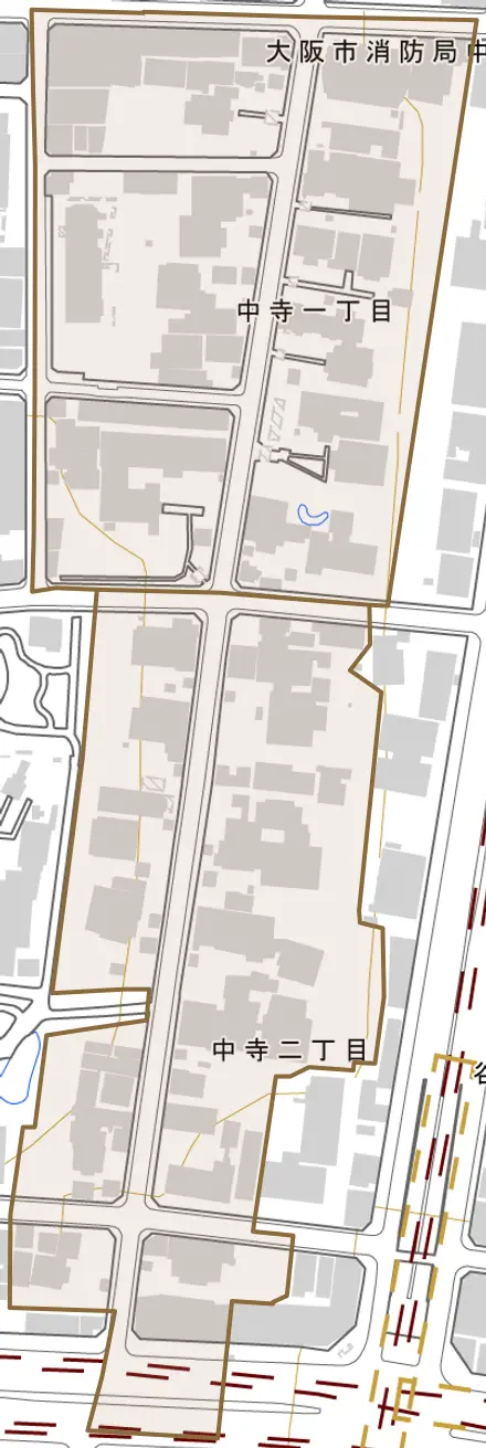 中寺とその周辺の地図。町の範囲を重ねている