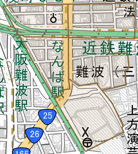 難波とその周辺の地図。町の範囲を重ねている