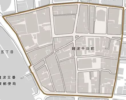 難波千日前とその周辺の地図。町の範囲を重ねている